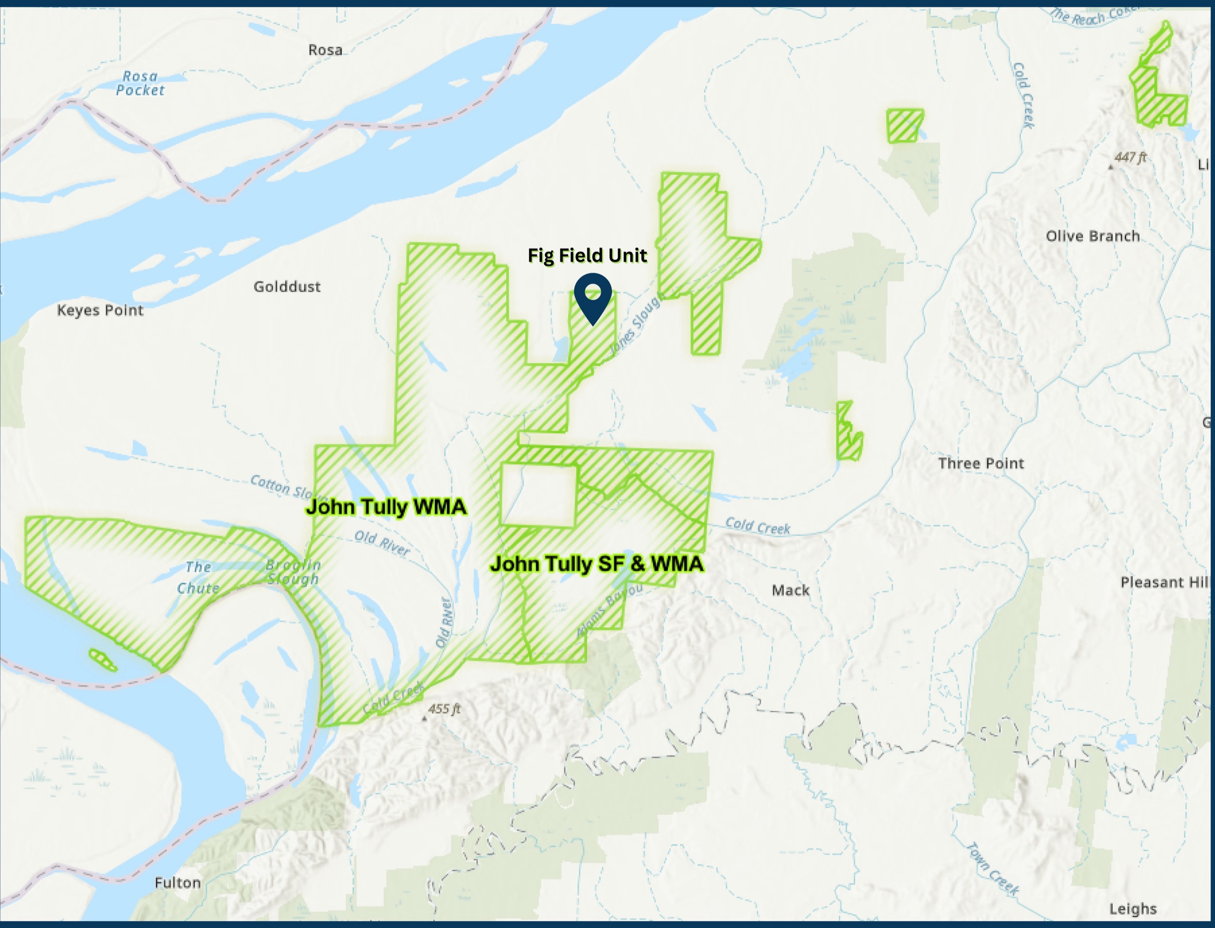 Map of John Tully Wildlife Management Area in Lauderdale County, Tennessee, with the Fig Field Unit pinned north of the main tract along the Mississippi River.