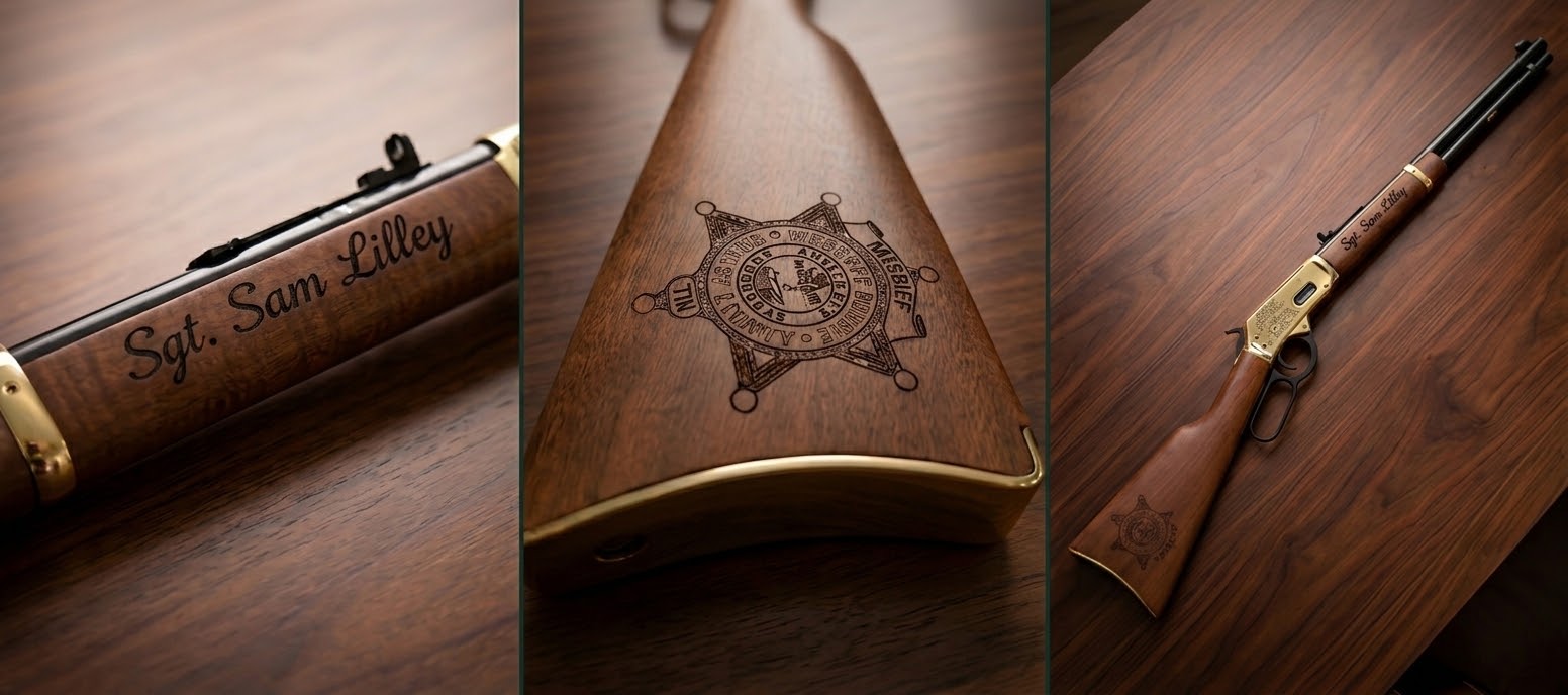 The Sgt. Sam Lilley rifle: the engraved forestock, the sheriff’s star on the stock, and the rifle laid out on walnut.
