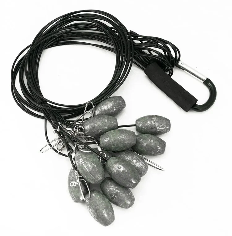 PowerLine Quick-Rig decoy anchors on coiled line with a carabiner.