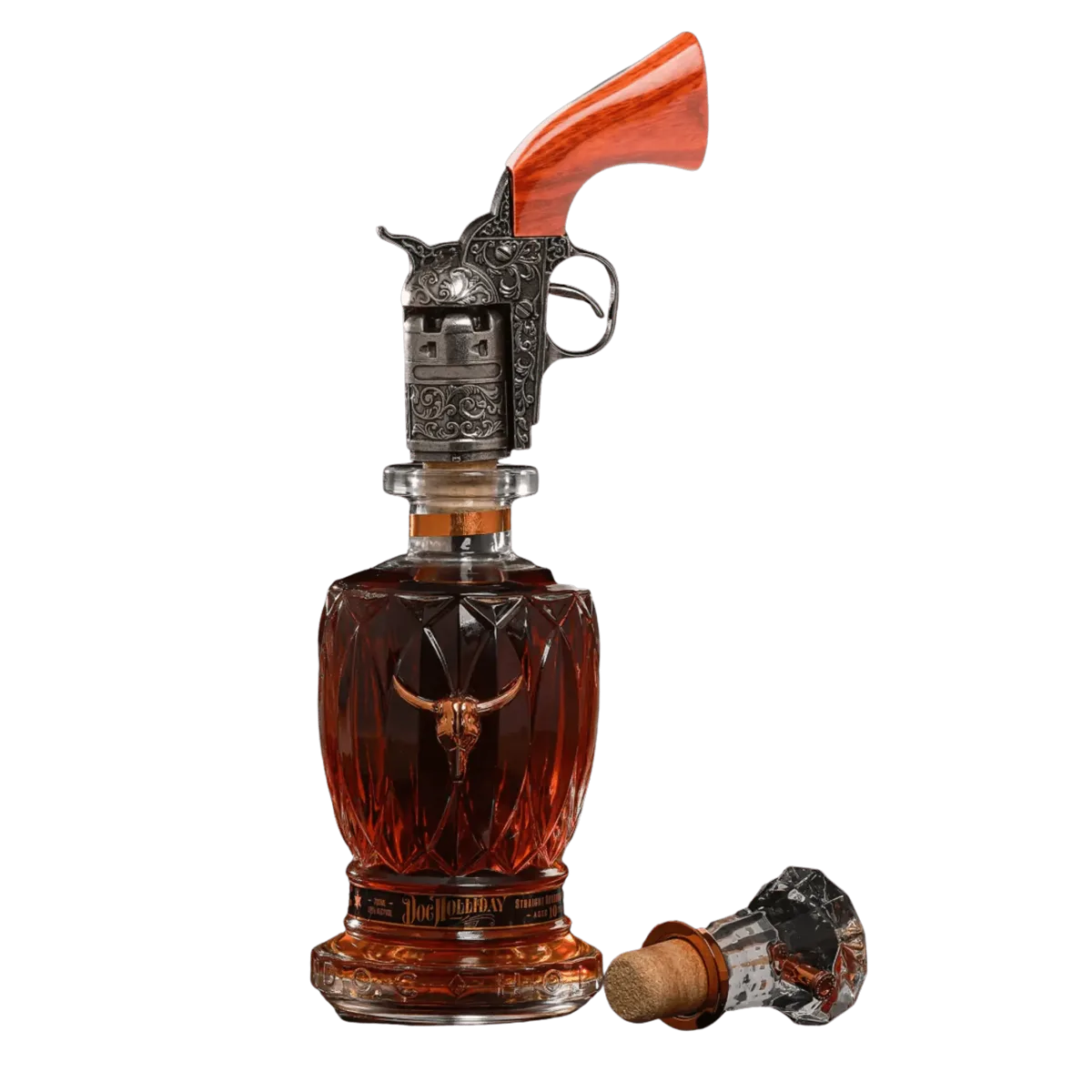 The revolver seated in the decanter as its stopper, the crystal stopper set beside it.
