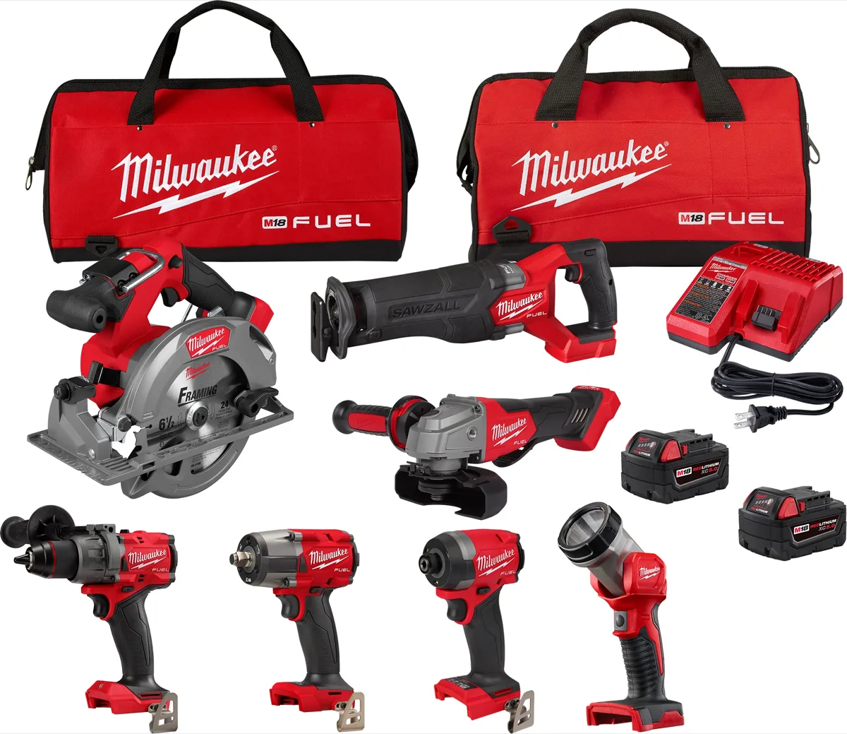 Milwaukee M18 FUEL seven-tool combo kit with two contractor bags.