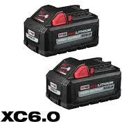 Two Milwaukee M18 REDLITHIUM XC6.0 battery packs.